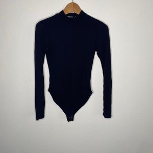 Black Ribbed Short Turtleneck Bodysuit Top